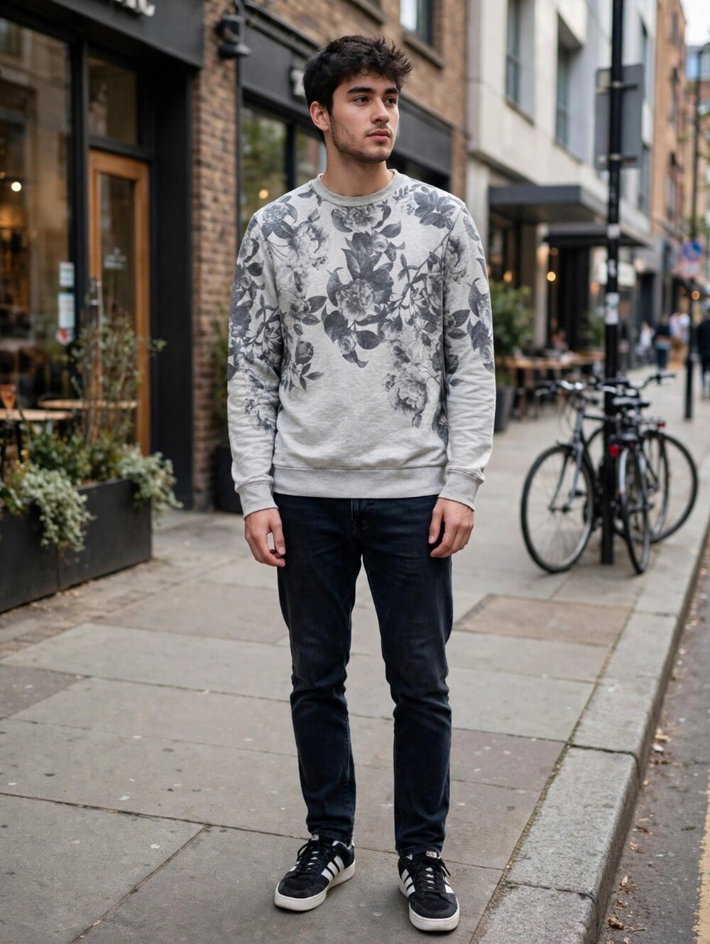 Topman Men's Grey Floral Rose Print Crewneck Sweatshirt | Size S